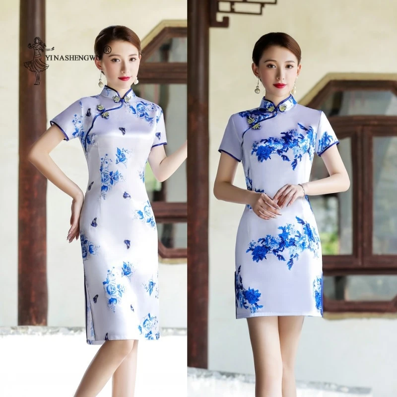 Традиционный китайский Новый стиль Cheongsam Мини платья Женский восточные Невеста