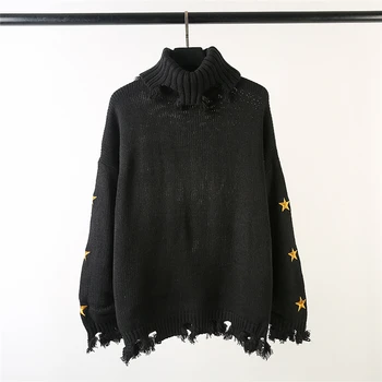 

Owen seak Men knitting Sweater High Street Men's Clothing High Collar Hole Classic Winter Men Solid Black Sweater