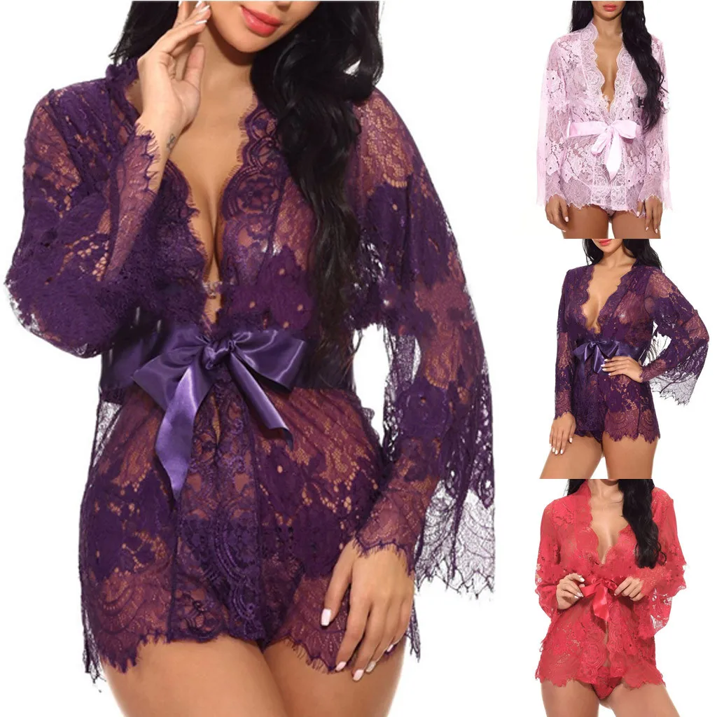 Женское сексуальное нижнее белье Babydoll ночное кружевное Бандажное пальто + трусы