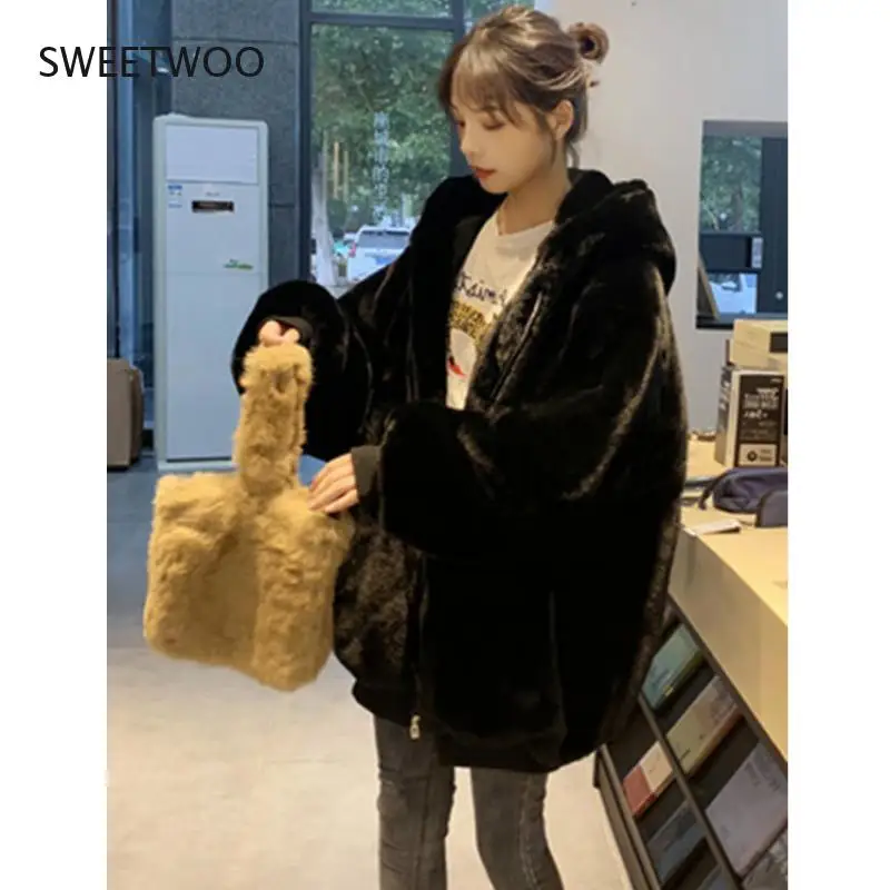 Winter Thick Warm Faux Rabbit Fur Coat New Women Long Sleeve Hooded Fur Jacket Coats Fashion Outwear