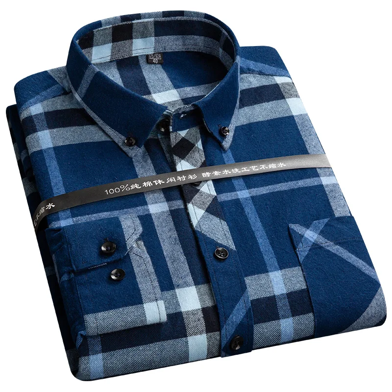 

S-6XL Business Causal Men's Plaid Shirt 100% Cotton brushed long-sleeved Mens checkered shirt 2020 Autumn and winter Plus Size