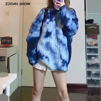 

2020 Korea Style Vintage Contrast Tie die Pullovers Sweater Oversize O neck Long Sleeve Loose Short Jumper Cool girl Streetwear