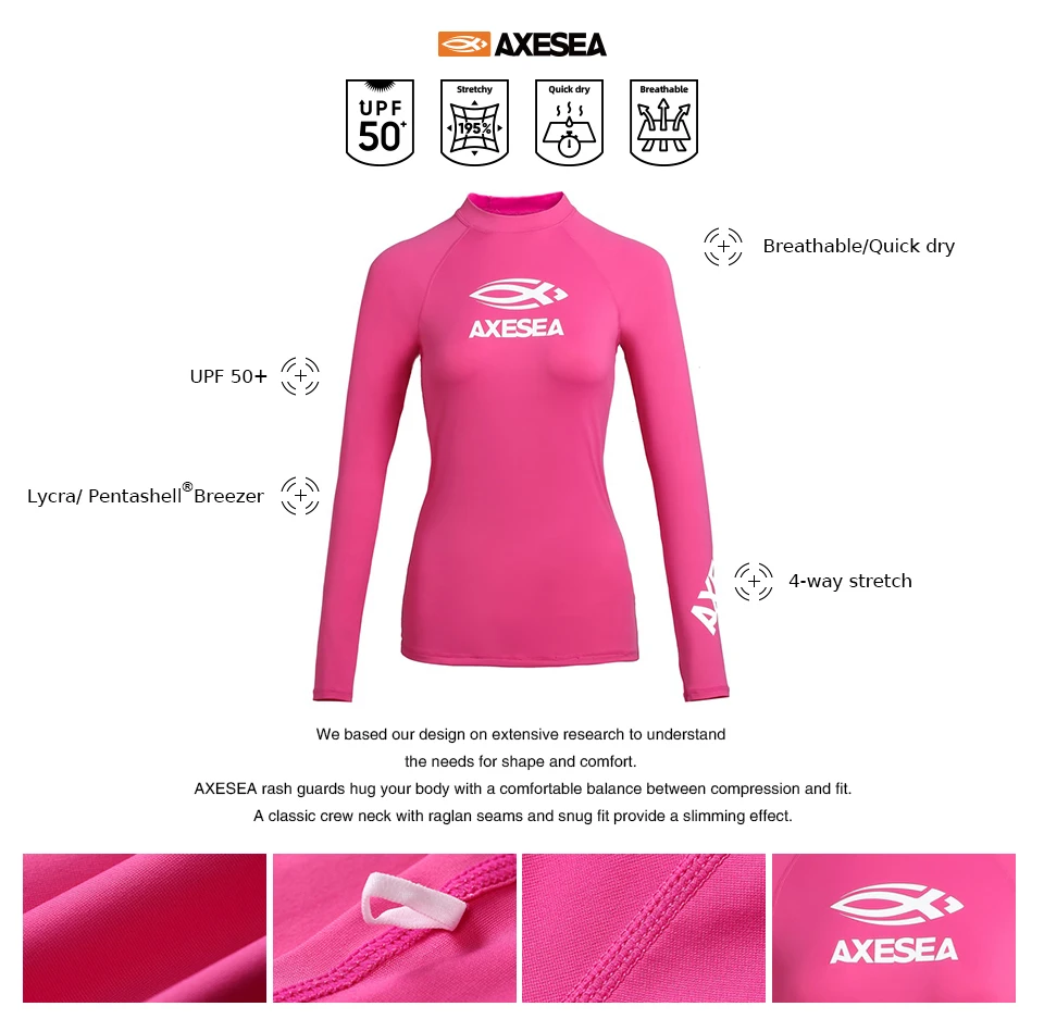 AXESEA, Женская однотонная одежда для плавания, с длинным рукавом, Рашгард, топ, защита от солнца, купальник, Спортивная рубашка для плавания, топ для серфинга, UPF 50+ Рашгард