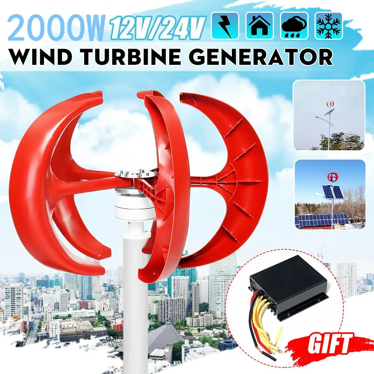 

2000W Vertical Axis Wind Turbines Generator Lantern 5 Blades 12V 24V Motor Kit Electromagnetic For Home Hybrid Streetlight Use