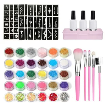 

30 Color Diamond Glitter Tattoo Set Semi-permanent Simple Tattoo Template Makeup Brush Tattoo Glue Body Painting Art Kit 2020