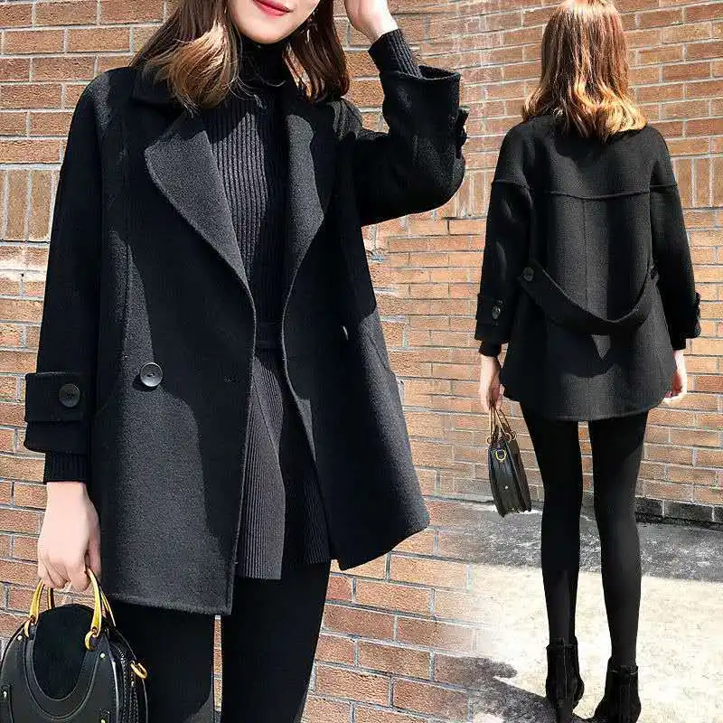 

Small short woolen jacket female Korean loose woolen coat trendy autumn and winter thick black was thin Nizi