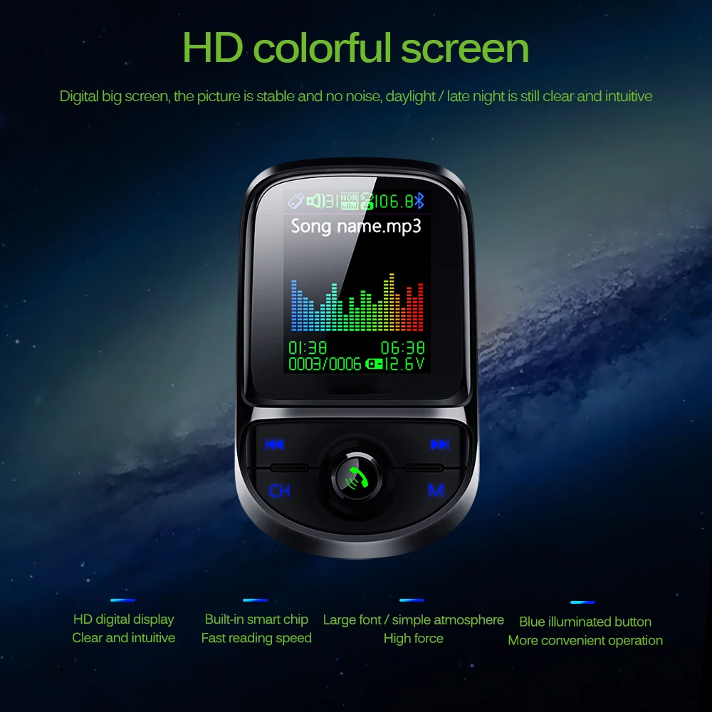 Автомобильный fm передатчик Onever с цветным экраном HIFI поддержка USB TF карты Bluetooth 5 0
