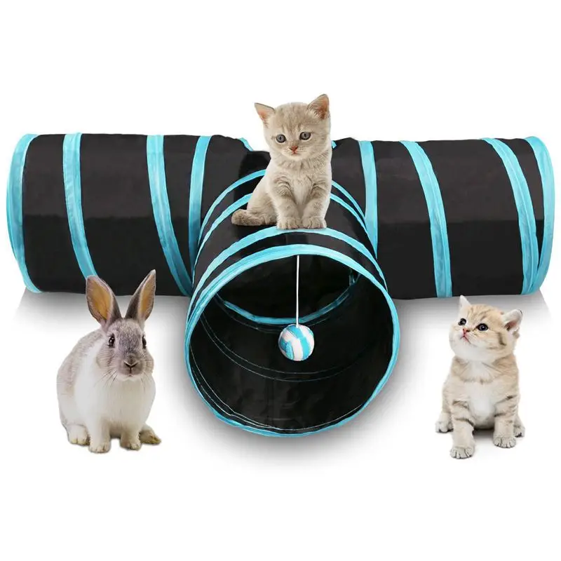 Туннель для кошек 3 Way складной домашнее животное кошка, игры тоннель с звонкий мяч, просторные трубка удовольствие для Кошка Собака Щенок Котенок синий+ черный