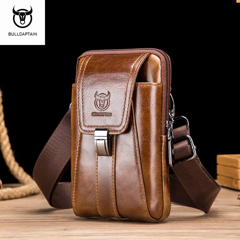 BULLCAPTAIN Genuine Leather Waist Packs Fanny Pack Belt Bag Phone leather P T9N5 