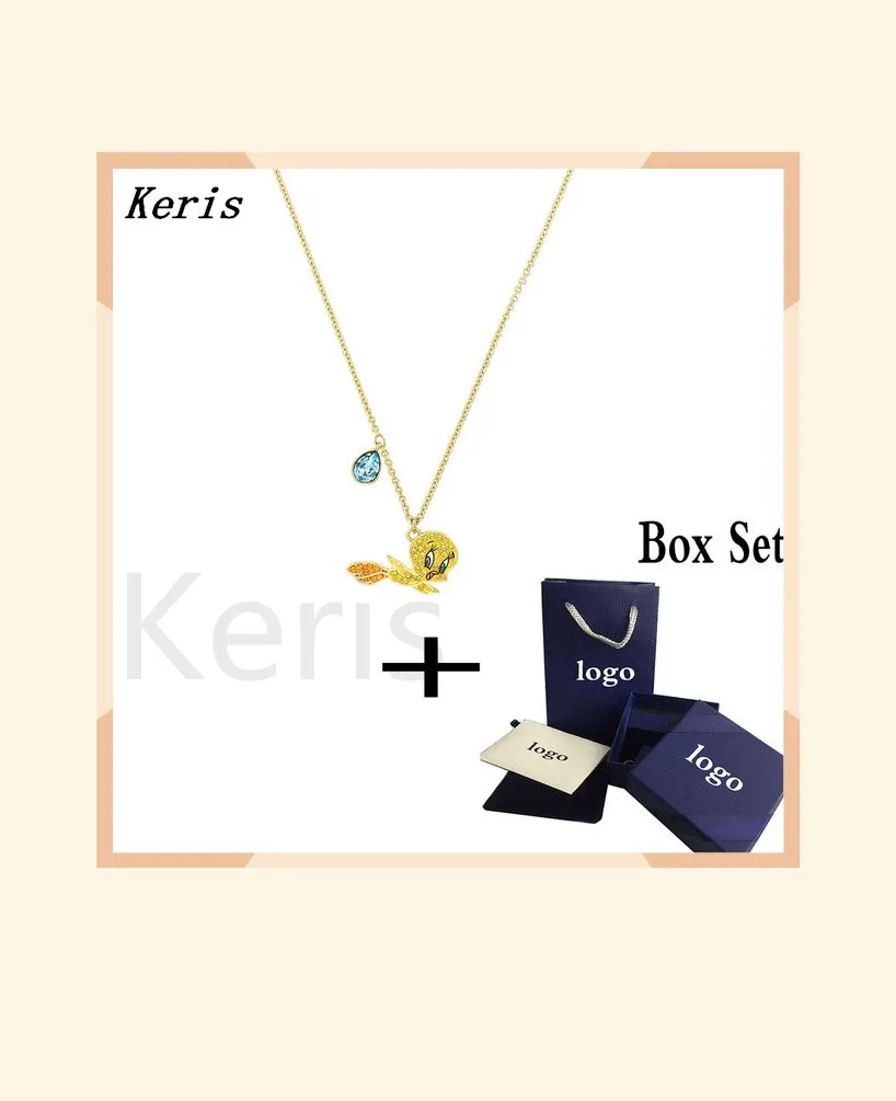 

SWA 2019 Fashion Childhood Style New LOONEY TUNES Tweeter Pendant Yellow Canary Pattern Green Crystal Necklace Women Jewelry