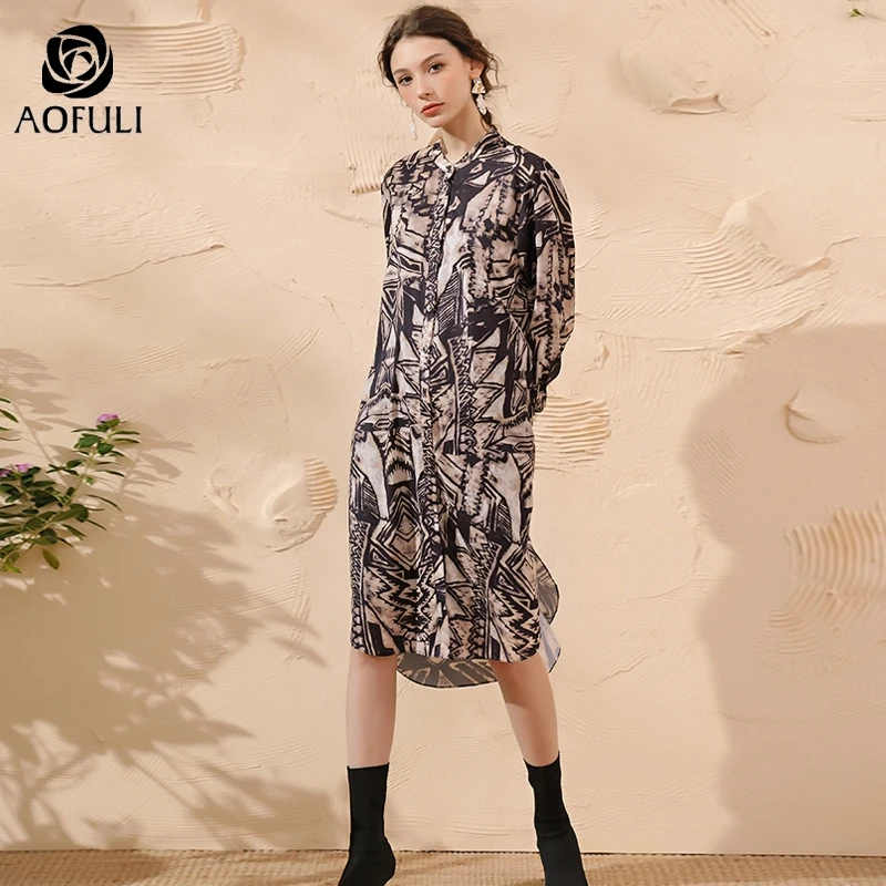 

L~ 4XL 5XL Khaki Geometric Print Long High-low Shirt Dresses Plus Size Women Single-brested Long Sleeve Cotton Midi Dress A4117