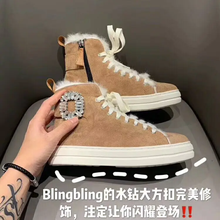 Шикарные зимние ботинки Rhinestone, женская обувь с круглым носком, из шерсти и меха; Теплые ботильоны; Сезон Зима; спортивная обувь на платформе; Повседневная обувь; женская обувь для отдыха