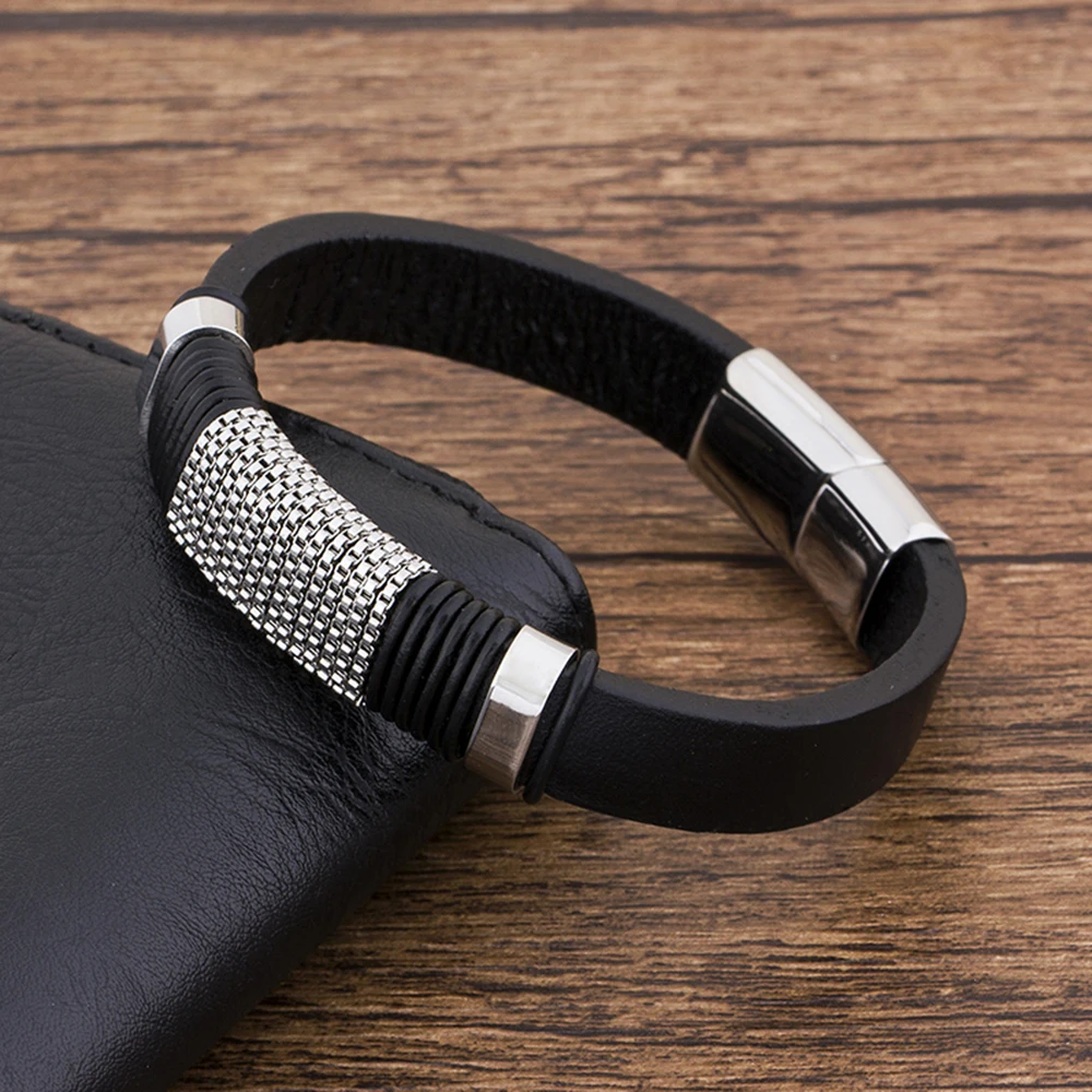 

Stainless Steel Magnetic Clasp Charm Men Jewelry Punk Black Braided Leather Bracelet for Men Fashion 21.5cm Bangles Gifts
