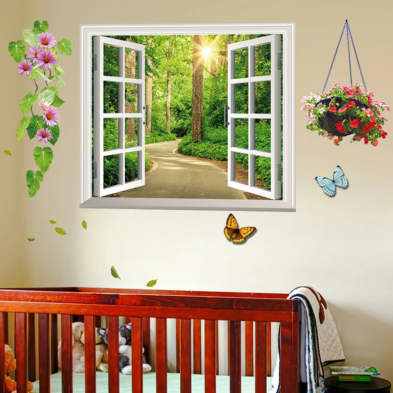 

[shijuekongjian] Fake Window Scenery Wall Sticker Forest Tree Flower Landscape Muurstickers for Living Room Bedroom Decoration