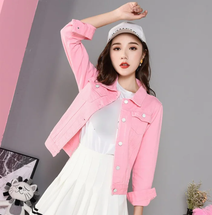Модная Джинсовая куртка Женская Весенняя 2XL XL Осенняя ручная кисть с длинным рукавом стрейч короткая джинсовая куртка Белый Розовый Пальто