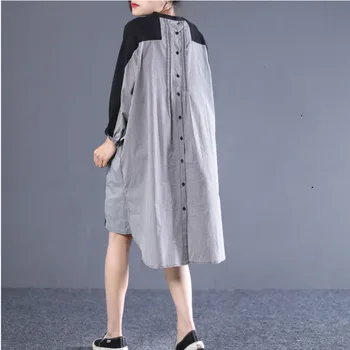 

[EWQ] 2020 Spring Round Collar Long Sleeve Solid Patchwork Plaid Singel Breasted Pullveors Vintage Loose Dress Women AD643