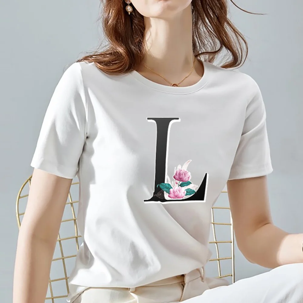 Women's Summer T-shirt Beautiful Personality 26 English Flower Letter Pattern Series Ladies Printed T-shirt Short Sleeve Top summer fashion women s t shirt 26 letter printing pattern series t shirt fashion casual ladies round neck all match short sleeve