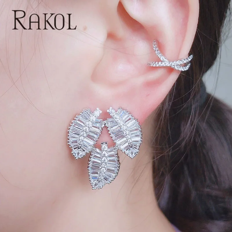 RAKOL Мода ААА кубического циркония 3 листа формы T камень серьги Для женщин аксессуары и украшения