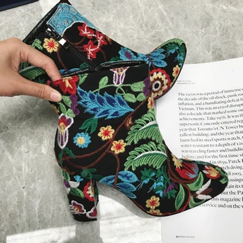 

OLOMLB US4-11 Womens Floral Embroidered Crystal Dimante Court Ankle Boots Side Zip Chunky High Heel Suede Leather Shoes Plus Sz