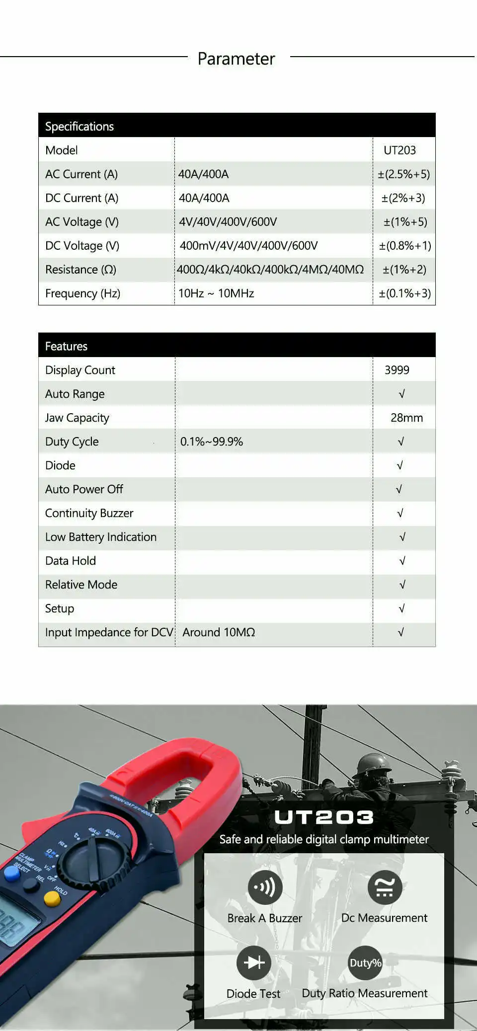 UNI-T UT203 цифровой клещи 4000 счетчик клещи мультиметр AC DC Напряжение Ток Тестер Сопротивление Емкость Частота тест