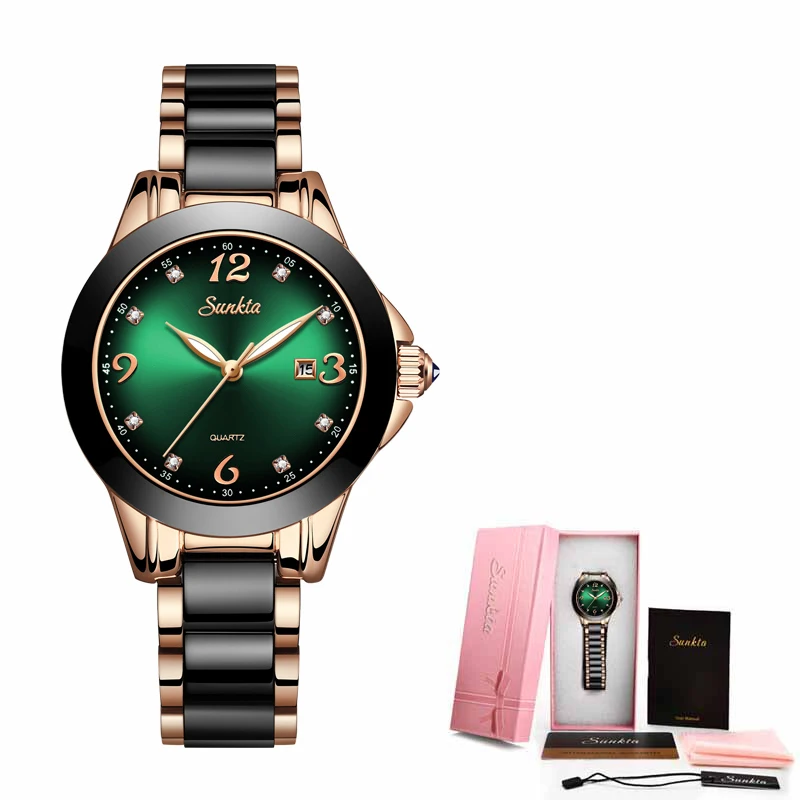 SUNKTA 2021 New Fashion ladies wrist watches Luxury Brand Crystal Dress Women Watch  Rhinestone Ceramic Wristwatch Quartz Watch