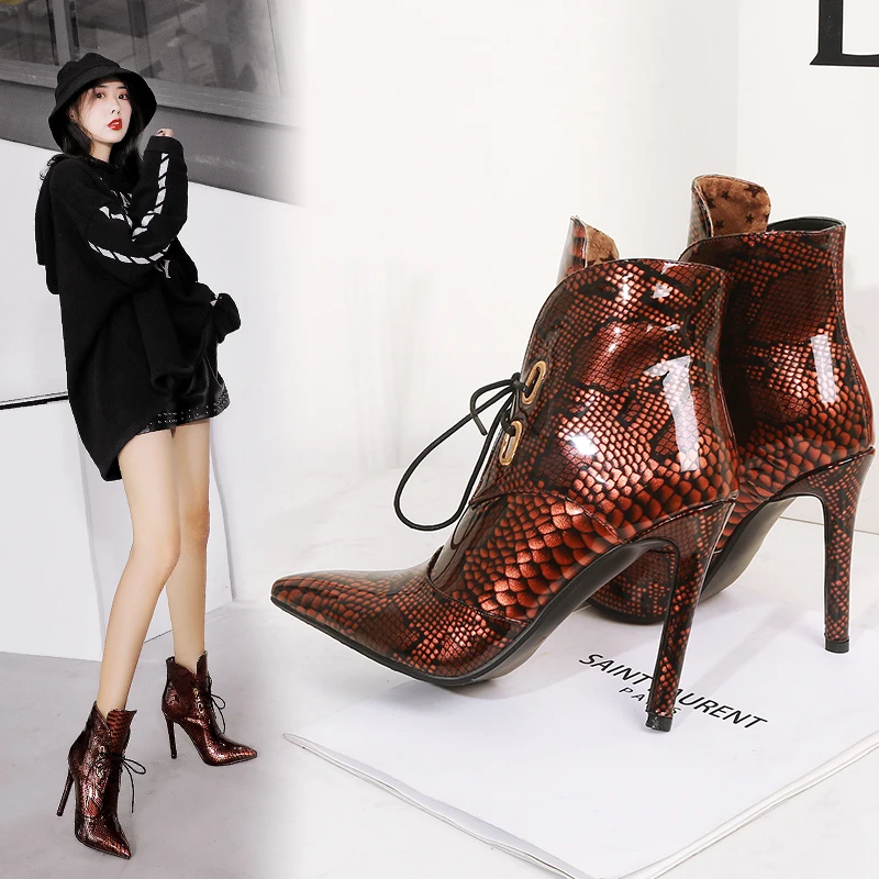 Women Boots Print Snake Patent Leather Ankle Boots Women Pointed Toe Thin High Heels Female Booties Party Shoes Women Size 44