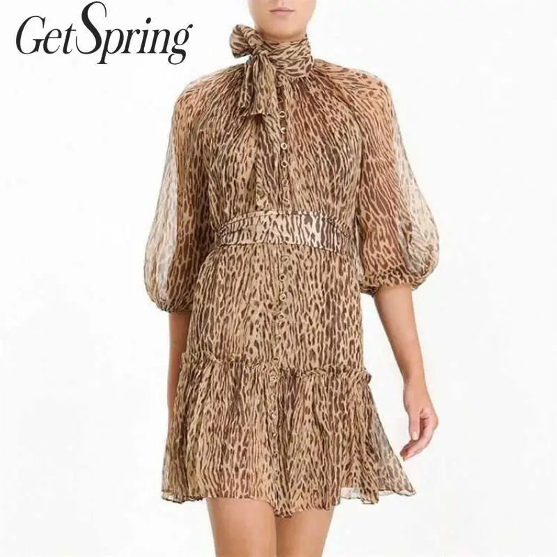 Женское платье с бантом GetSpring леопардовое мини-платье рукавами-фонариками