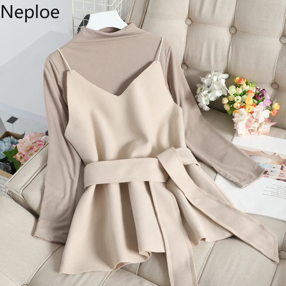 Neploe Turleneck Slim Fit тонкая футболка с длинным рукавом V образным вырезом топики на шнуровке тонкий приталенный жилет Осень элегантный женский комплект 46672