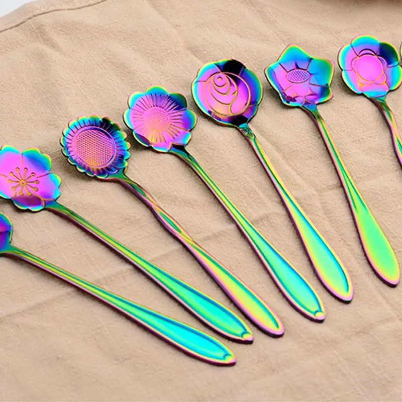 8Pcs/lot Creative Flower Shape Tea Coffee Spoon Stainless Steel Sugar Ice Cream Spoon Mixing Spoon Stirring Teaspoons Tableware