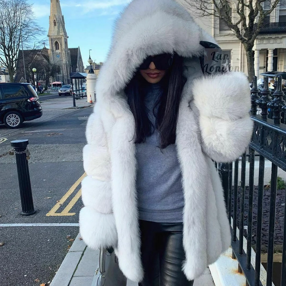 Medium Length Real Fox Fur Jacket with Hood Thick Warm Fur Overcoat Luxury Women Winter New Genuine Fox Fur Coats Female Outwear
