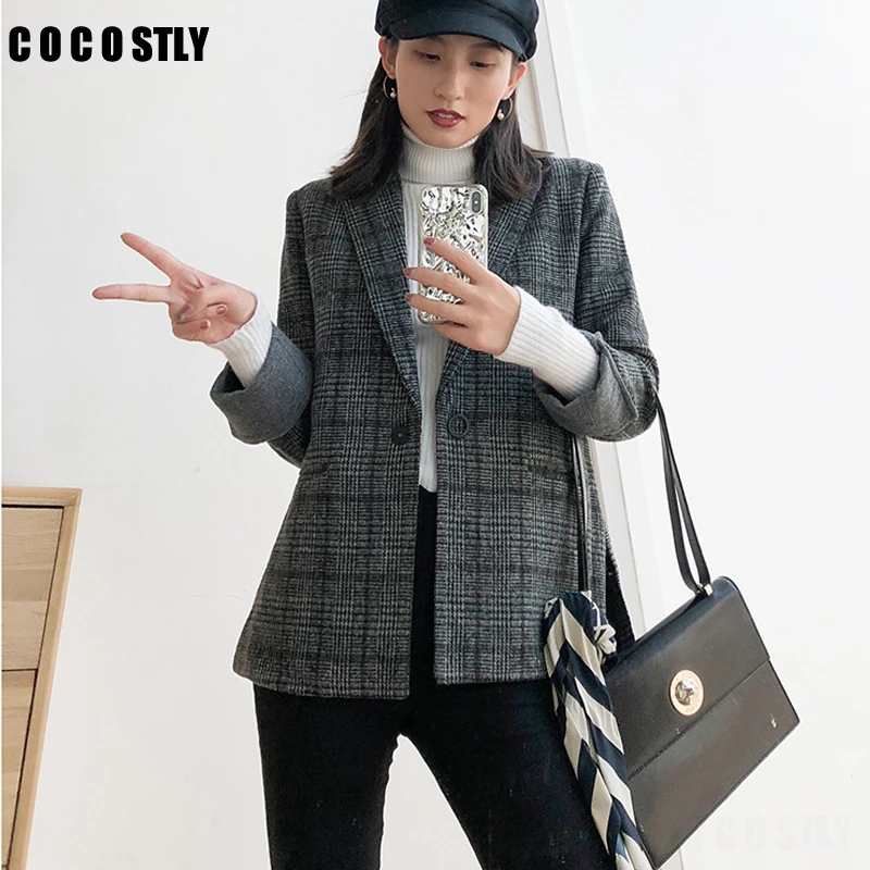 

Plaid Blazers Women jacket Autumn office lady vintage plaid woolen jackets small suit woolen coat women blazers and jackets