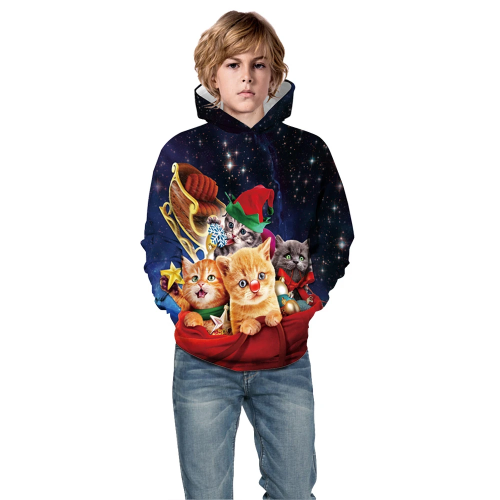 Рождественские детские толстовки с капюшоном, детские свитера с 3D-принтом Санта-кошки, топы для детей, пуловер для подростков, свитер с капюшоном для мальчиков и девочек 5-14 лет