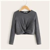 SHEIN Kiddie, серая трикотажная укороченная Повседневная футболка с крученым передом, детский топ, осень, классические футболки с длинным рукавом для подростков