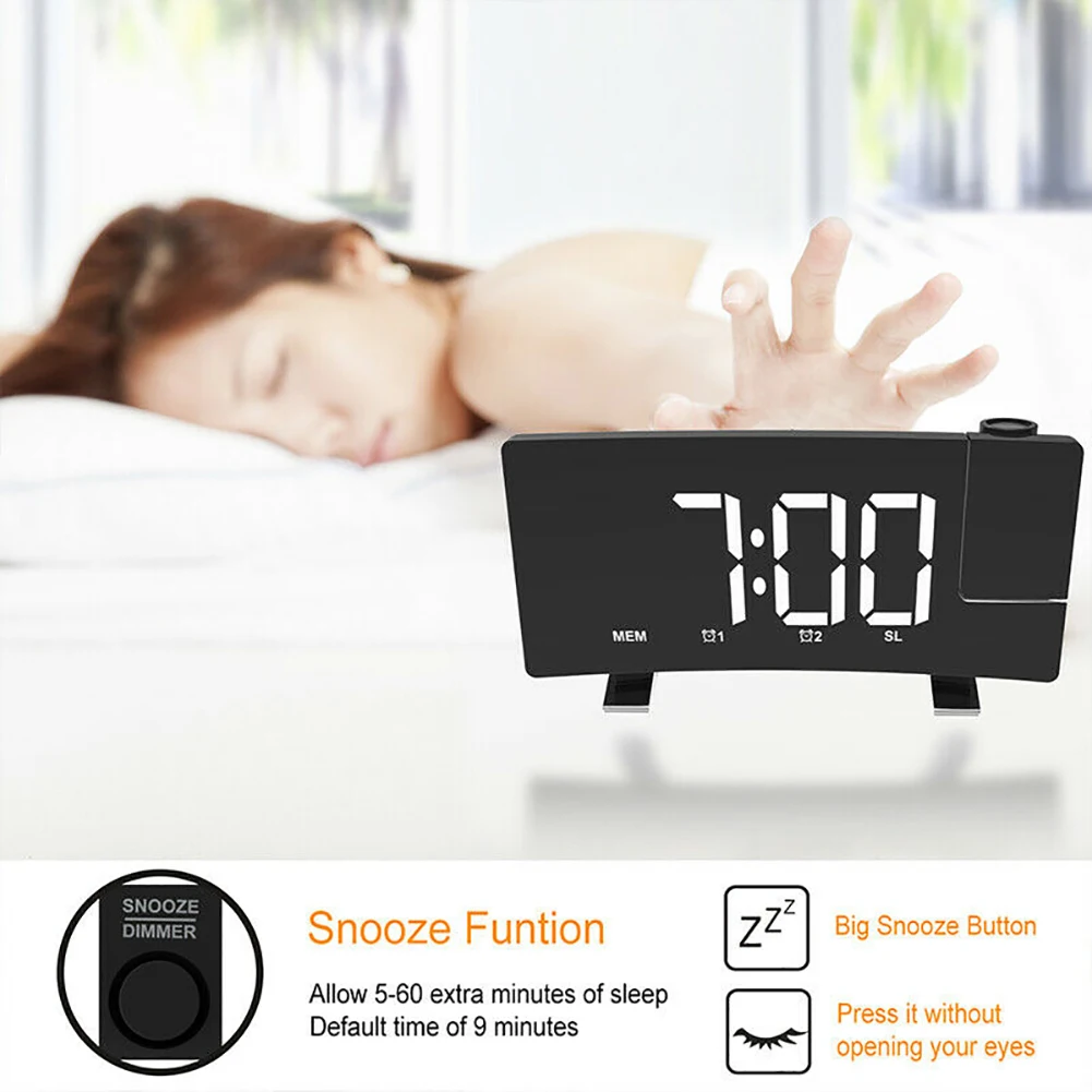 

Curved Screen FM Digital Projection Desk Loud Wake Up LED Display Radio Snooze Alarm Clock USB Charging Dimming Multifunction