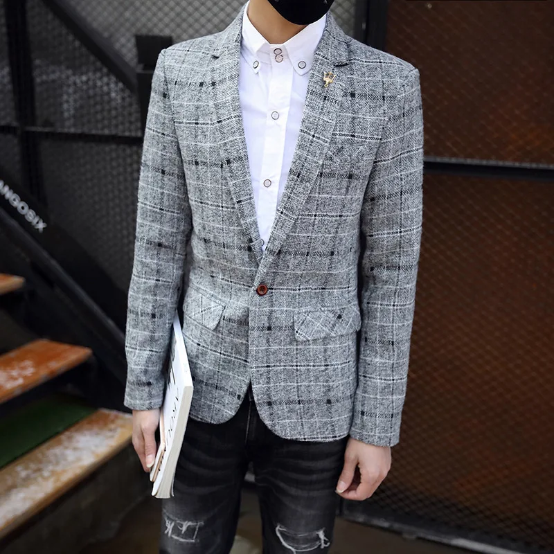 

Spring Plaid Suit Men's Korean-style Slim Fit Suit Coat Teenager One-Button Brushed Will Single Suit