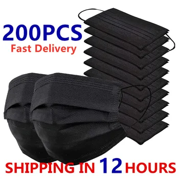

200pcs Mask Disposable Face masks Non woven 3 Layer Mouth Mask Filter Black Anti Dust Flu Breathable Earloops Mask IN STOCK