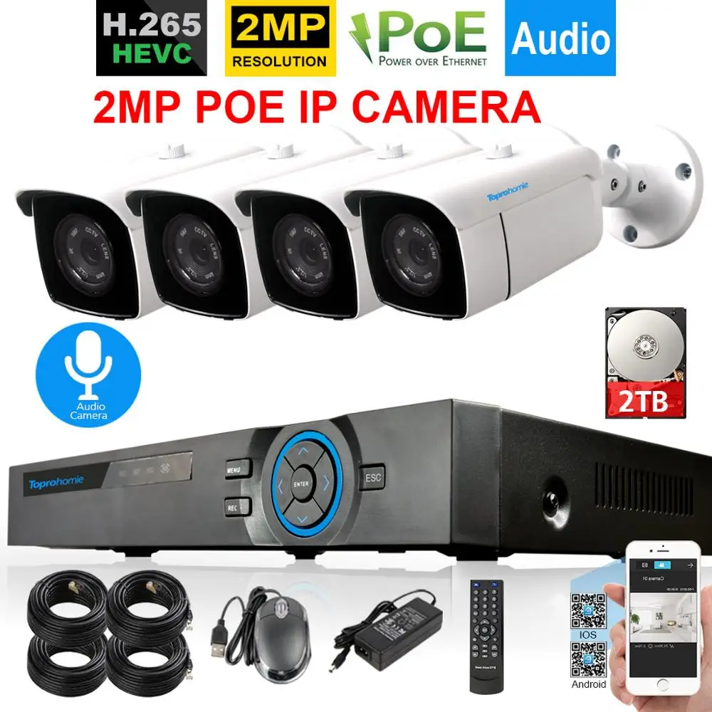TOPROHOMIE H.265+ 4CH POE NVR комплект 48 В 2MP дневной ночной водонепроницаемый комплект камеры 4CH 1080P Аудио запись система наблюдения камеры