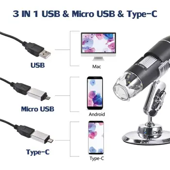 

1600X 3-in-1 USB Portable Microscope Digital Electronic Inspection LED Digital Microscope Type-C / Micro For Android Phone USB