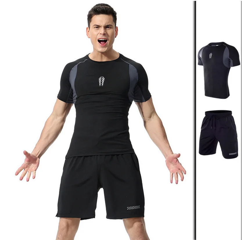 Стиль, мужской костюм для фитнеса, эластичная быстросохнущая одежда, тренировочные костюмы для бега, набор, баскетбольная одежда, спортивный комплект из двух предметов