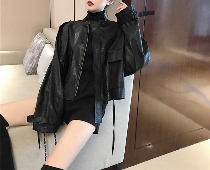 RICININA, кожаная куртка для женщин, зима, на молнии, однотонная, черная, негабаритная, парка, куртки, женские пальто, короткое, повседневное, Женское пальто