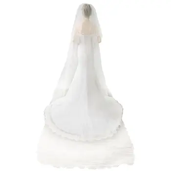 

Women Floor Length Trailing Cathedral Wedding Veil with Comb Wavy Trim Faux Pearl Beaded Double Layer Bridal Headdress