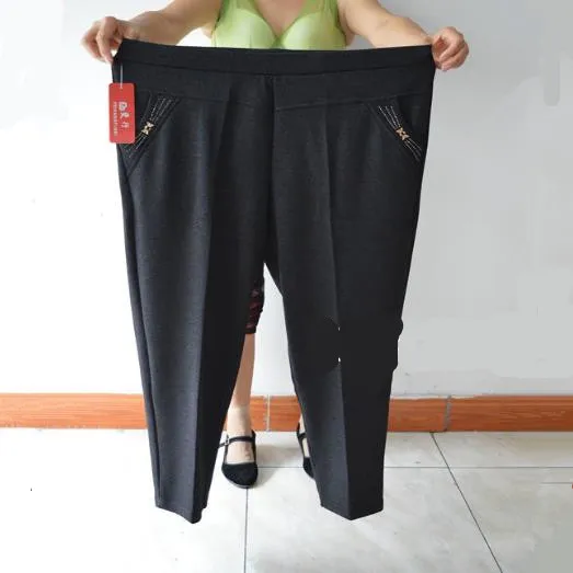 Ретро женские штаны зимние женские шаровары 5XL 6XL размера плюс среднего возраста Женская одежда с высокой талией черные узкие брюки J495