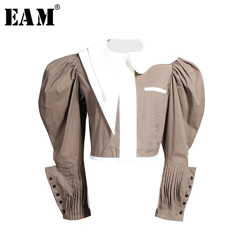  [EAM] Women Blouse New Lapel Long Sleeve Loose Fit Spliced Panelled Button Pleated Shirt Fashion Ti