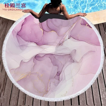 

GRIDILANGO Customized Pink Marble Pattern Round Beach Towel Green Gray Rock Stone Towel With Tassel Swim Yoga Mat Dropshipping