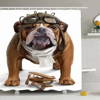 

Shower Curtain Set with Hooks 66x72 Puppy English Bulldog Aviator Watercolor Painting Animals Business Wildlife Fighting Goggles