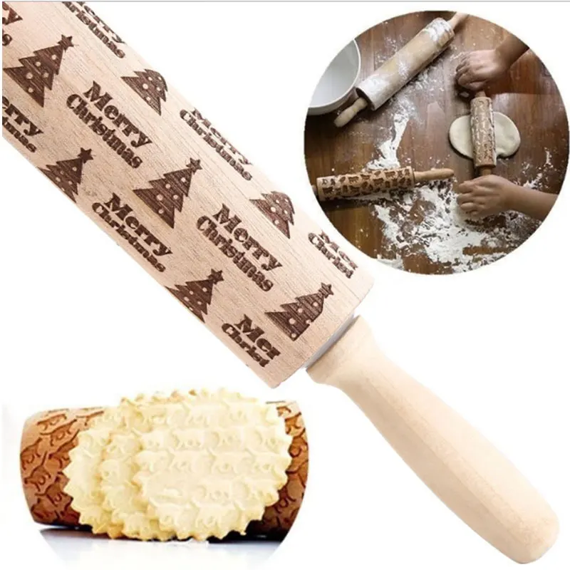 Wood Embossing Mold Tool Kitchen Gingerbread Cake Rolling Pin Beautiful DIY Party Cookies Christmas Carving Bakng Mold
