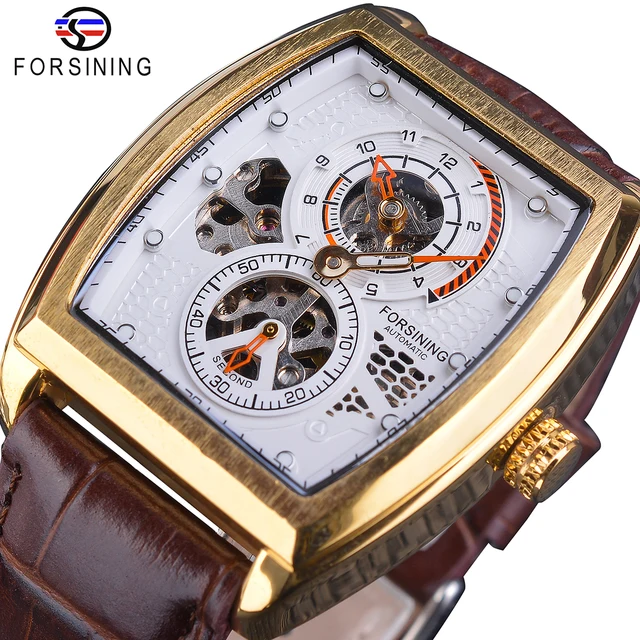 Forsining Black Dial Waterproof Automatic Mechanical Watch Skeleton Rectangle Military Watches With Bule Pointer Genuine Leather GMT1209-8