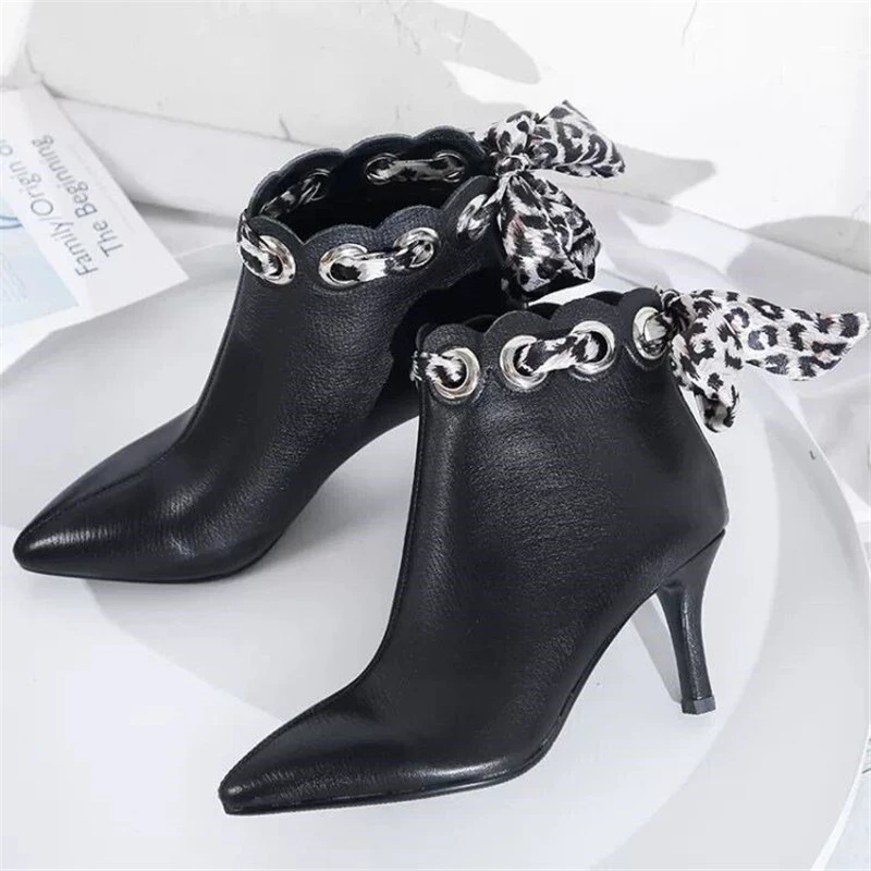 

Fashion High Heels Women's Short Boot New Winter 2020 Ankle Boots Slim Heel Pointed Top Nude Boots Zipper And Silk Ribbon