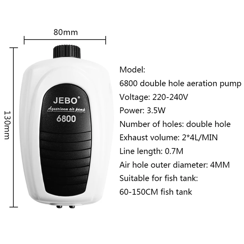 JEBO Ultra Silent Aquarium Air Pump Air Compressor Oxygen Airpump Single& Double Outlet 220-240V Adjustable Air Volume Fish - Color: 6800