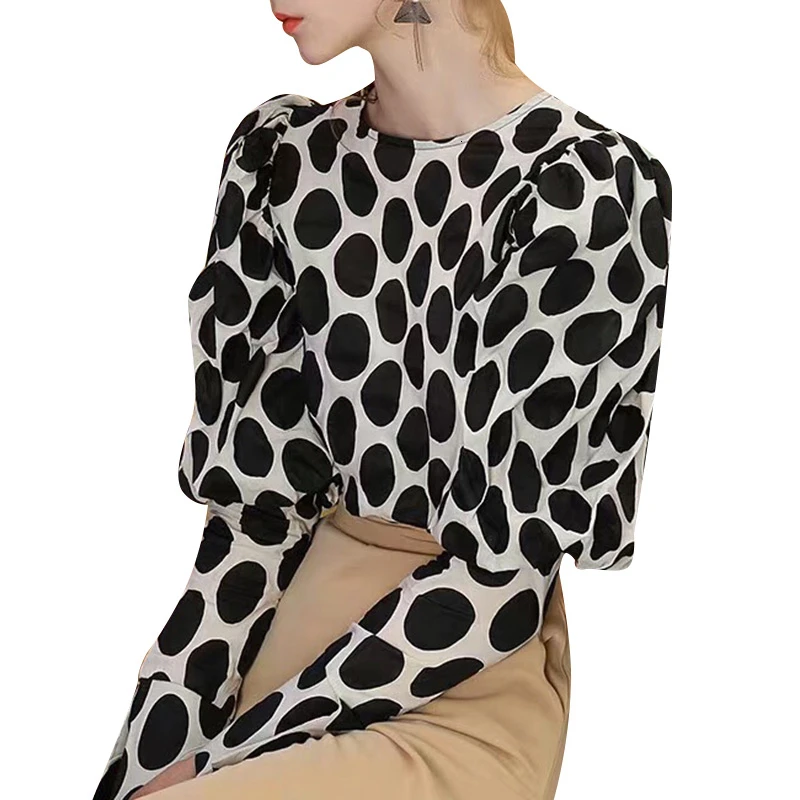TWOTWIN стильные элегантные женские блузки в горошек с круглым вырезом и пышным длинным рукавом осенние женские рубашки OL стильная модная одежда - Цвет: black